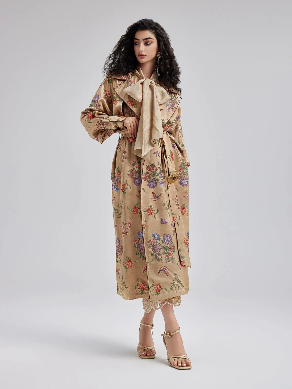 Neo Chinese Style Silk Print Trench Coat