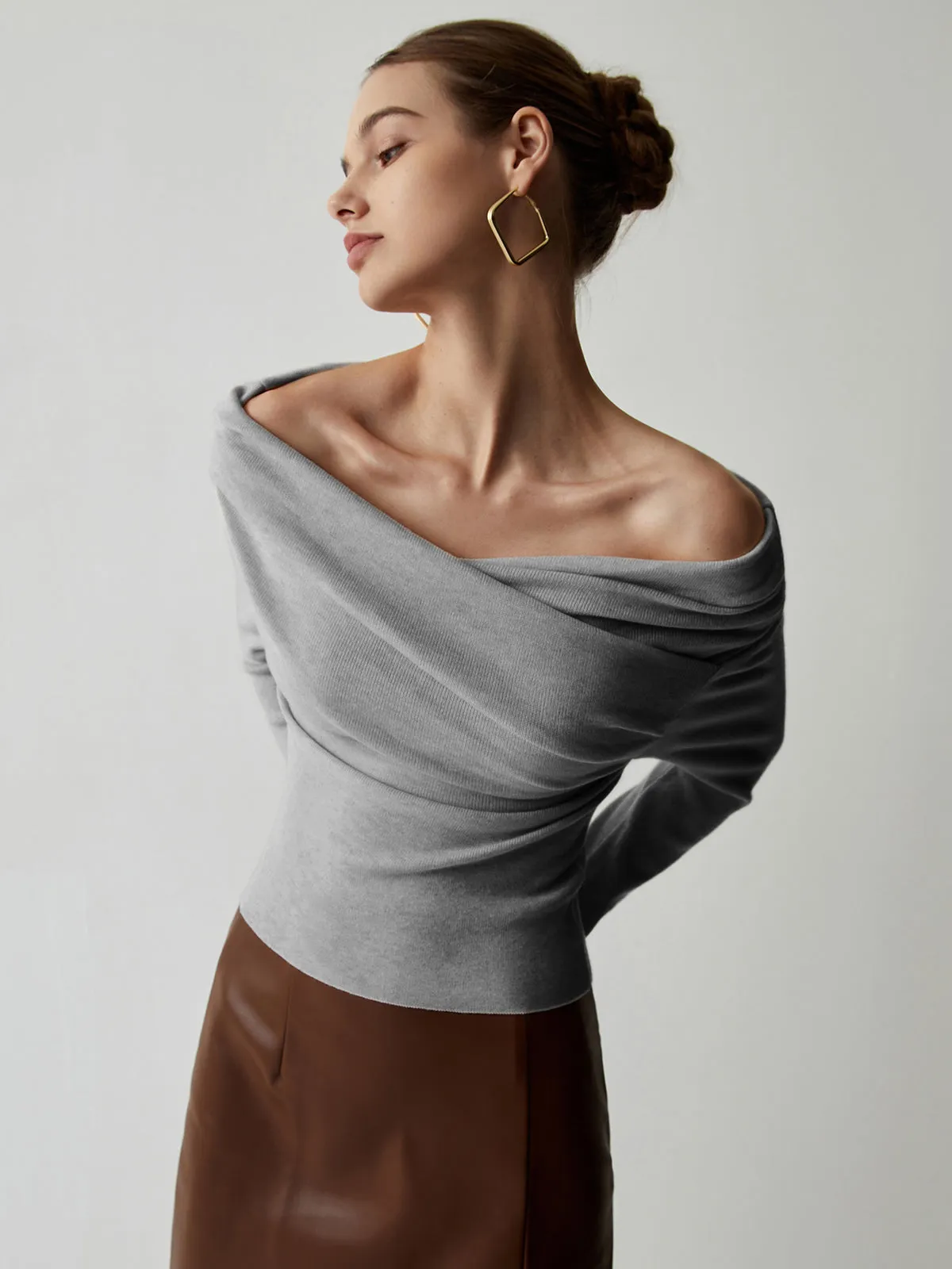 Off Shoulder Wrap Trendy Long Sleeve Knit Top