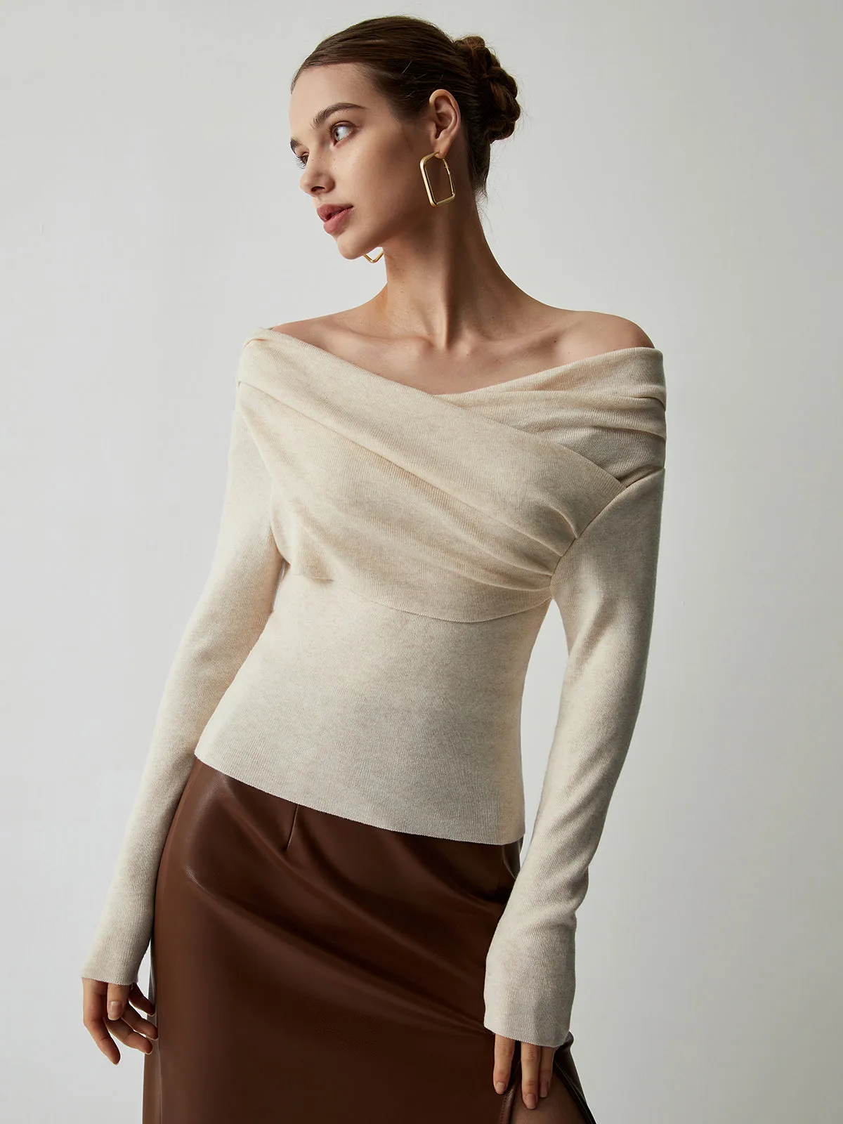 Off Shoulder Wrap Trendy Long Sleeve Knit Top