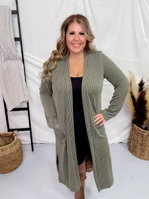 Olive Green Long Sleeve Ribbed Duster with Side Slits