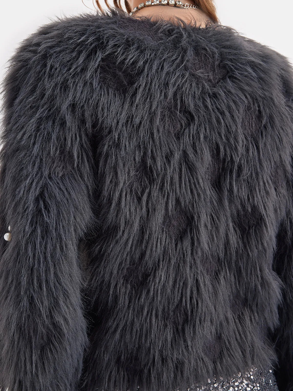 Pearl Beaded Faux Mink Coat