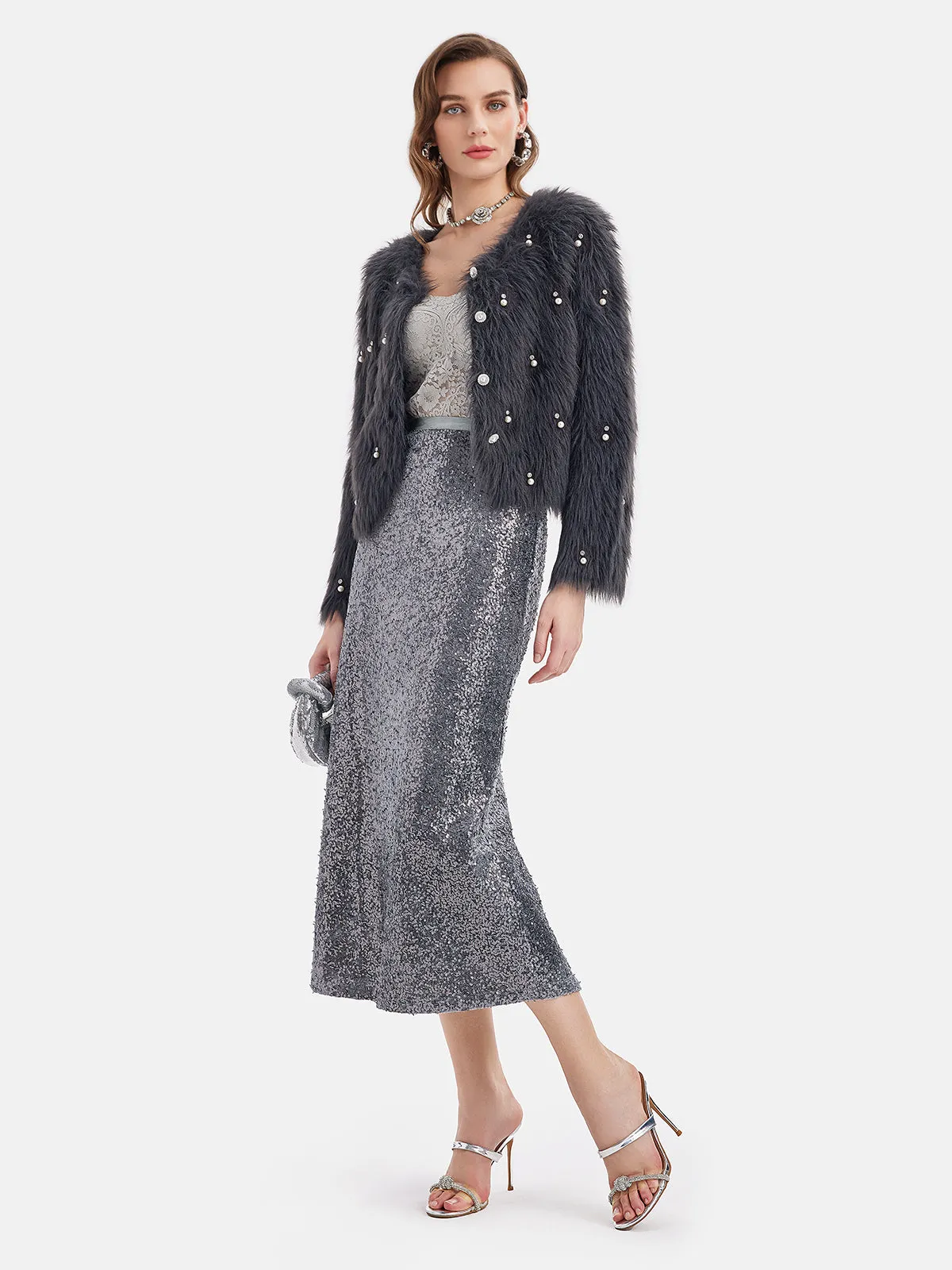 Pearl Beaded Faux Mink Coat