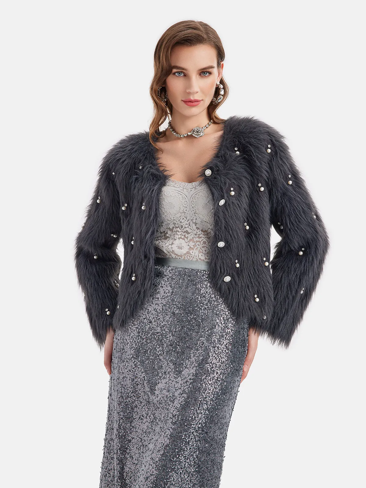 Pearl Beaded Faux Mink Coat