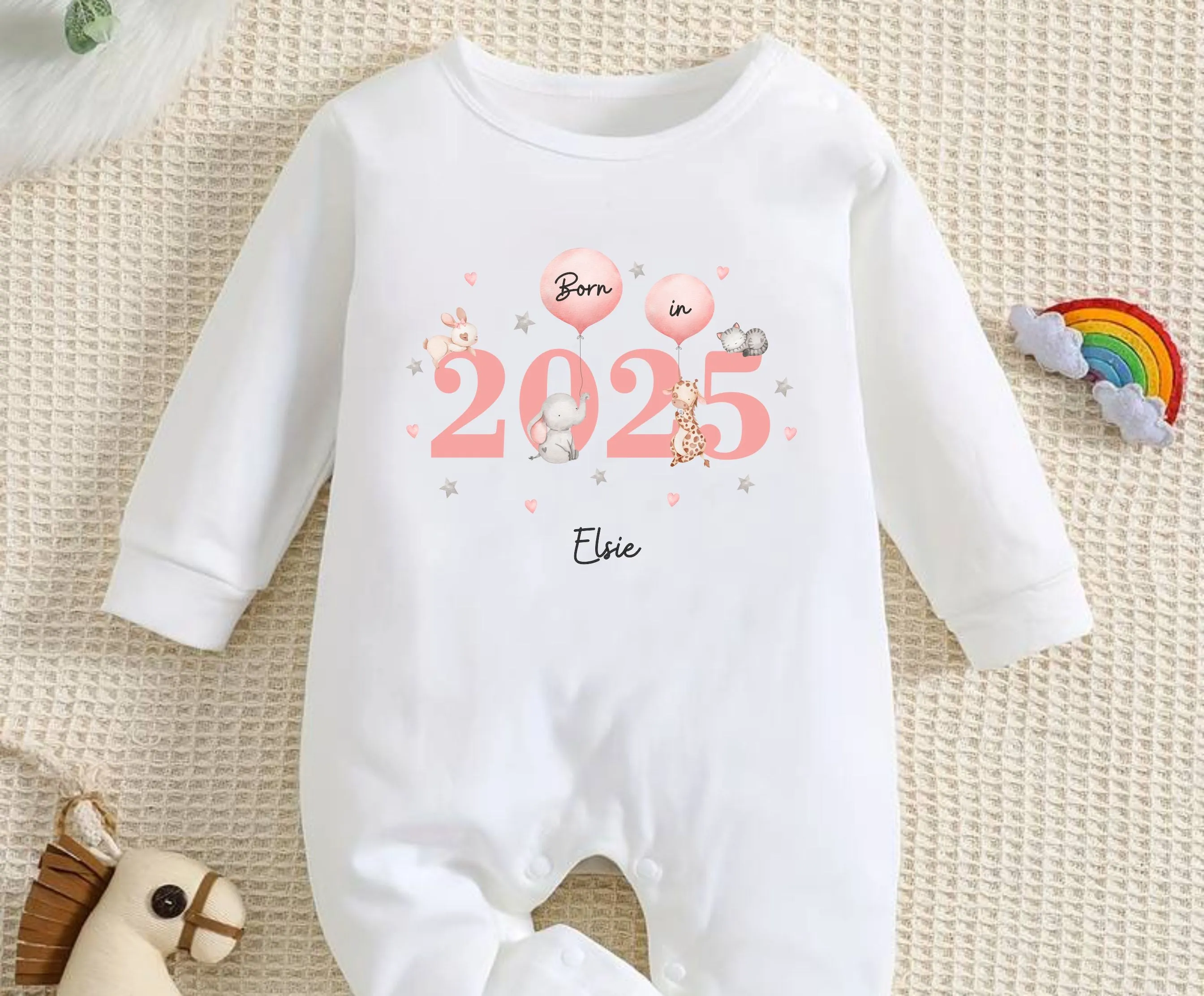 Personalised Born in 2025 Baby Outfit, Coming Home - New baby arrival Vest, Rompersuit - Milestone Pink