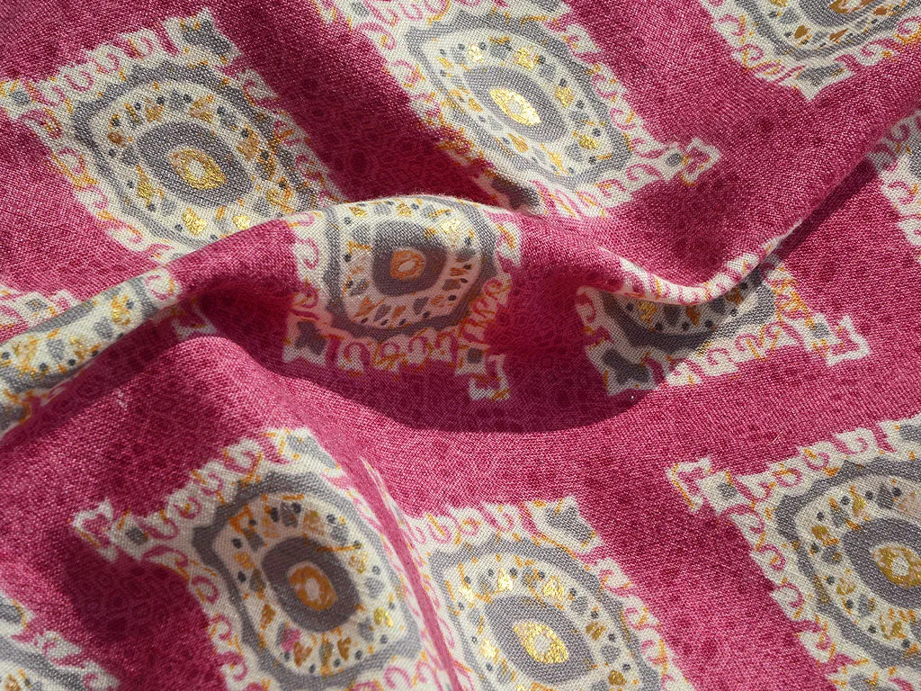 Pink Motifs Foil Digital Printed Slub Cotton Fabric