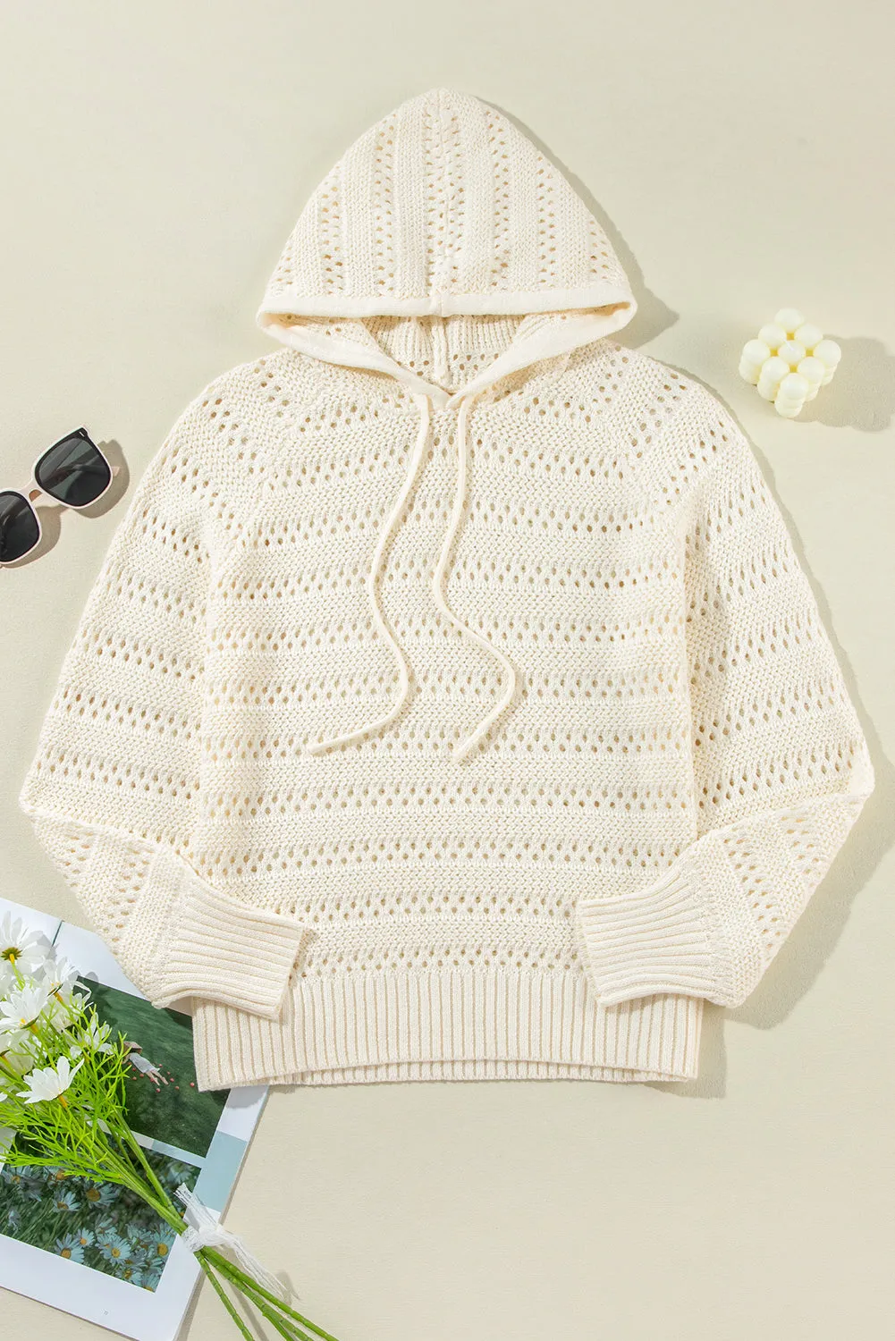 Pointelle Knit Raglan Sleeve Hooded Sweater