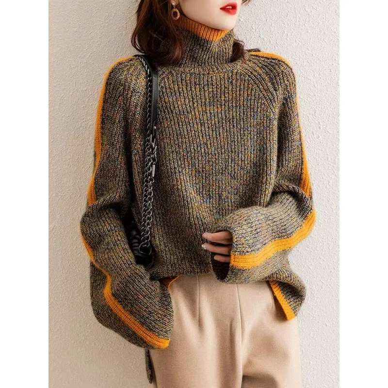 Retro Contrast Turtleneck Knitted Sweater