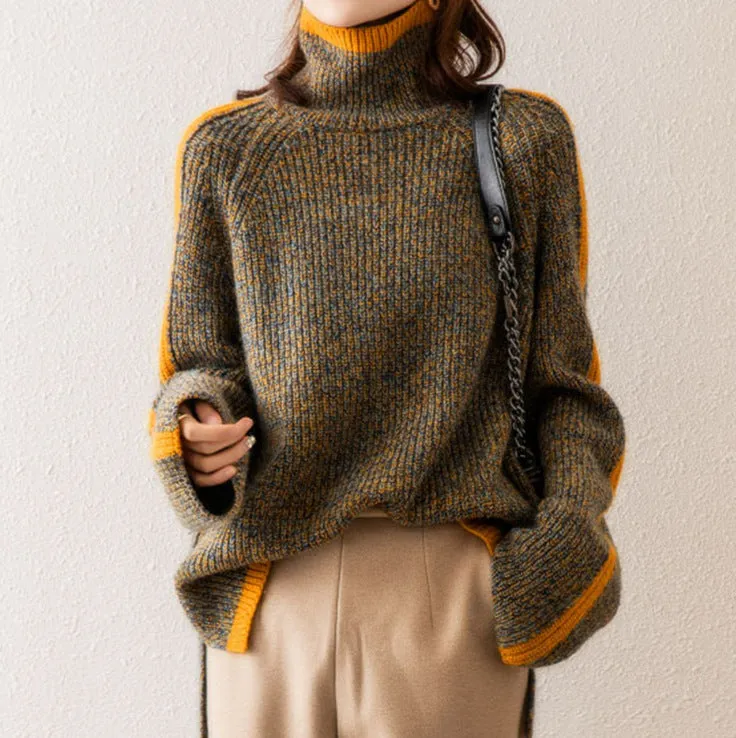 Retro Contrast Turtleneck Knitted Sweater