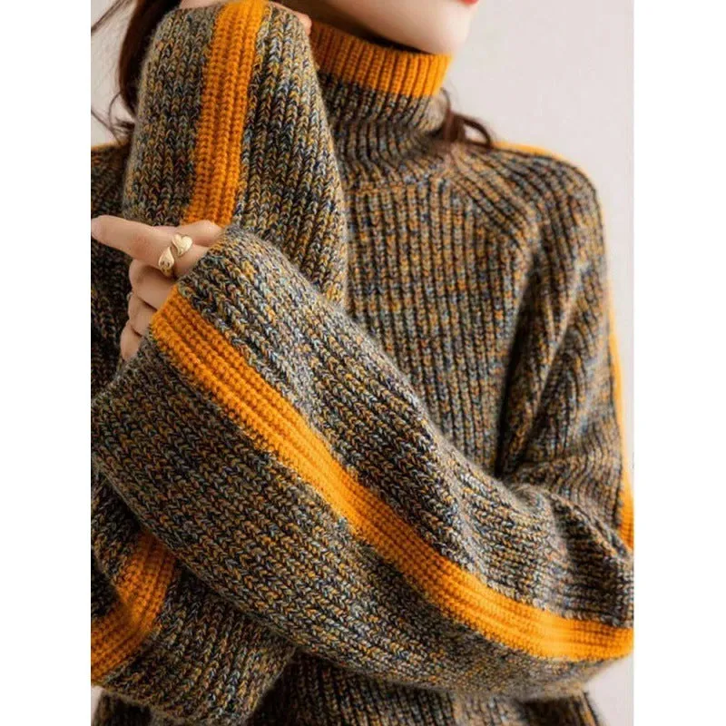 Retro Contrast Turtleneck Knitted Sweater