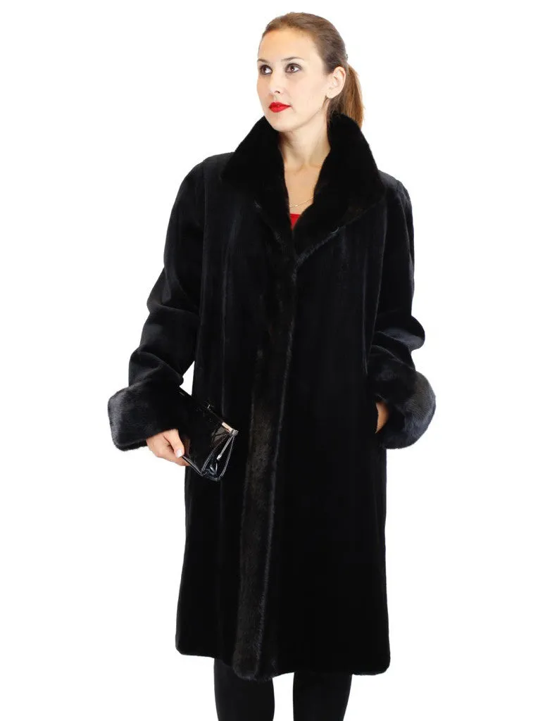 REVERSIBLE FULLY LET OUT BLACK SHEARED MINK & UNSHEARED BLACKGLAMA MINK FUR 7/8 COAT