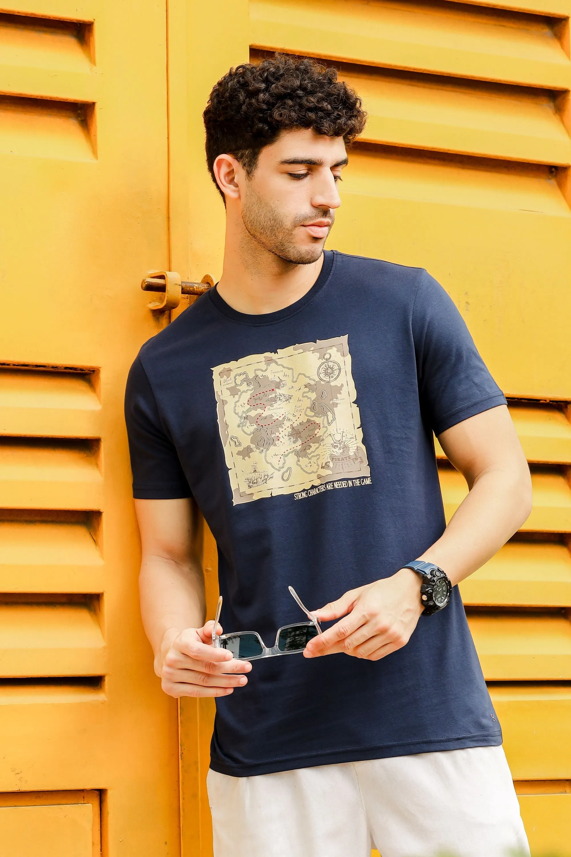 Round Neck T-Shirt - Comfortable Navy Graphic Print, Men's Wear Tee Stylish Regular Fit Cotton Tshirt for Casual, Outing, Hiking