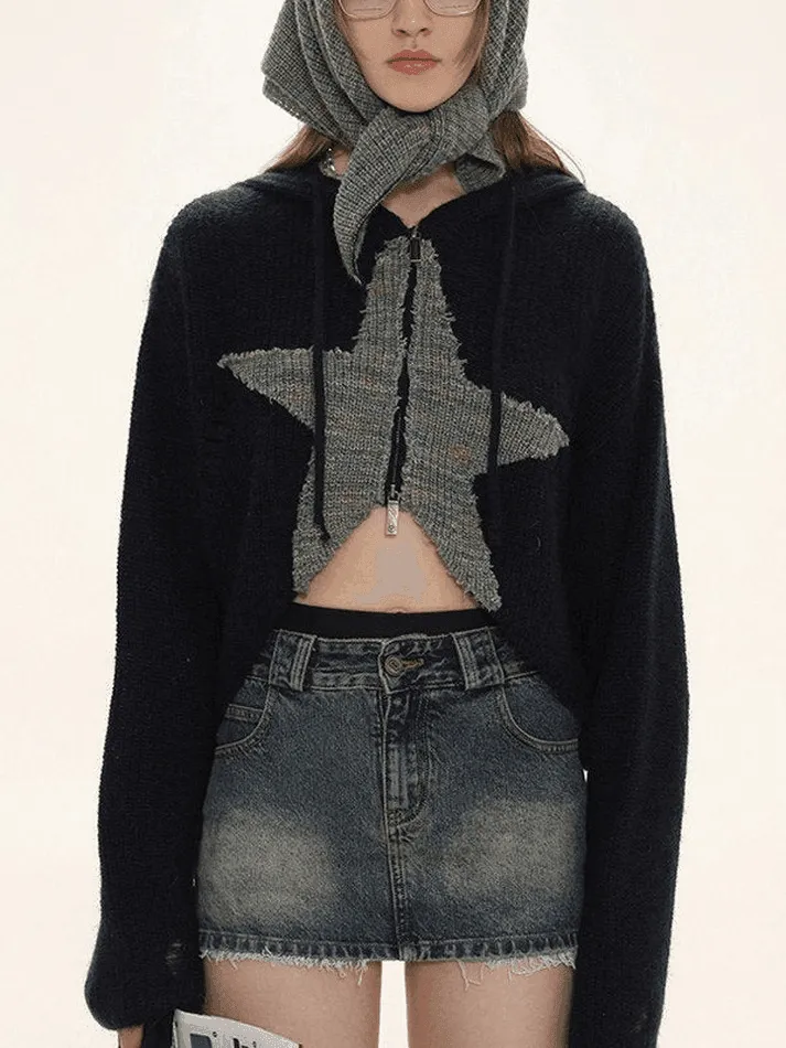 Star Jacquard Zip Up Hooded Knit Cardigan