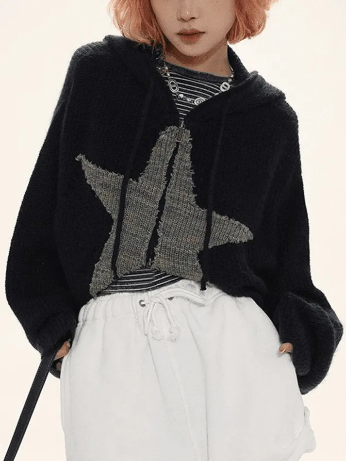 Star Jacquard Zip Up Hooded Knit Cardigan