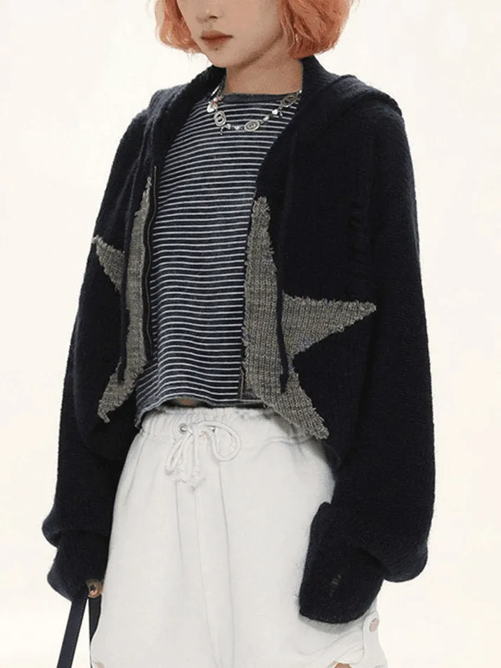 Star Jacquard Zip Up Hooded Knit Cardigan