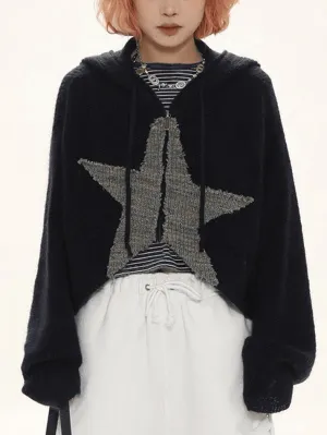 Star Jacquard Zip Up Hooded Knit Cardigan