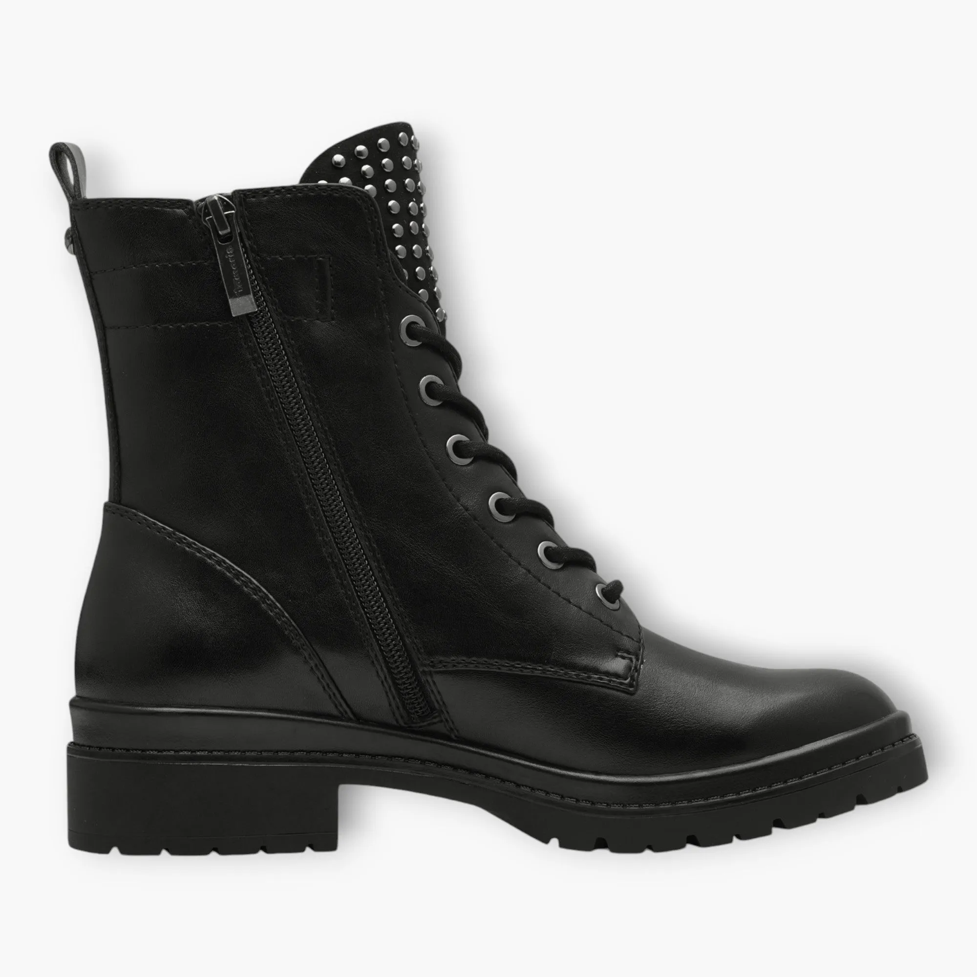 Tamaris Black Lace-Up Boots with Chunky Sole and Silver Stud Detailing