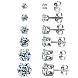 Tokyo Mart 6 Pairs Round Solitaire Stud Earrings Set Women Jewelry Cubic Zirconia Stainless Steel