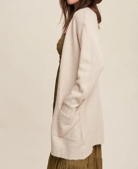 Two Pocket Open-Front Long Knit Cardigan