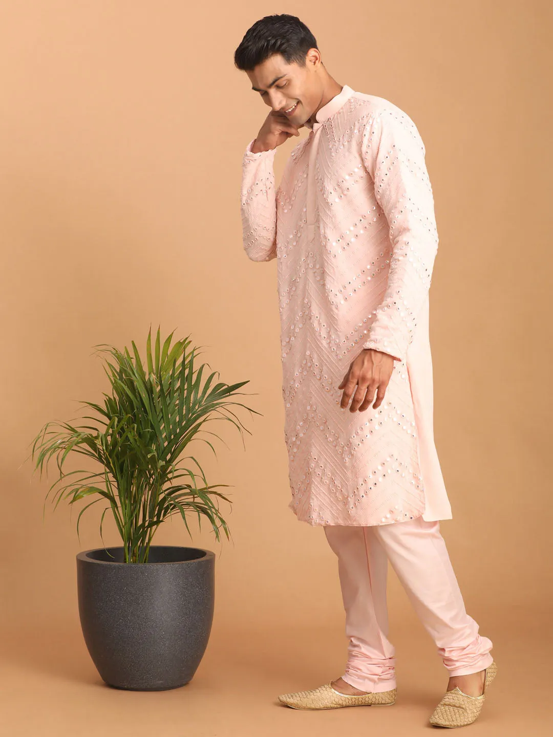 Vastramay Men's Pink Mirror Kurta Pyjama Set