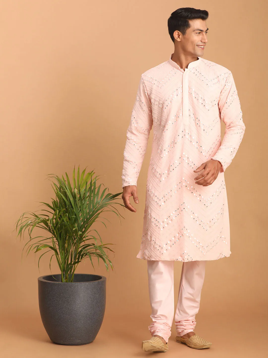 Vastramay Men's Pink Mirror Kurta Pyjama Set