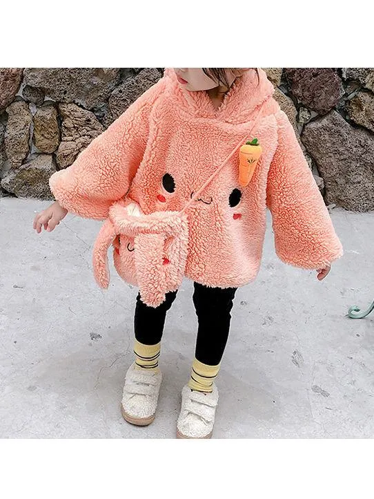 Winter 2-Piece Cute Bunny Style Fleeced Hoodies Matching Mini Bag