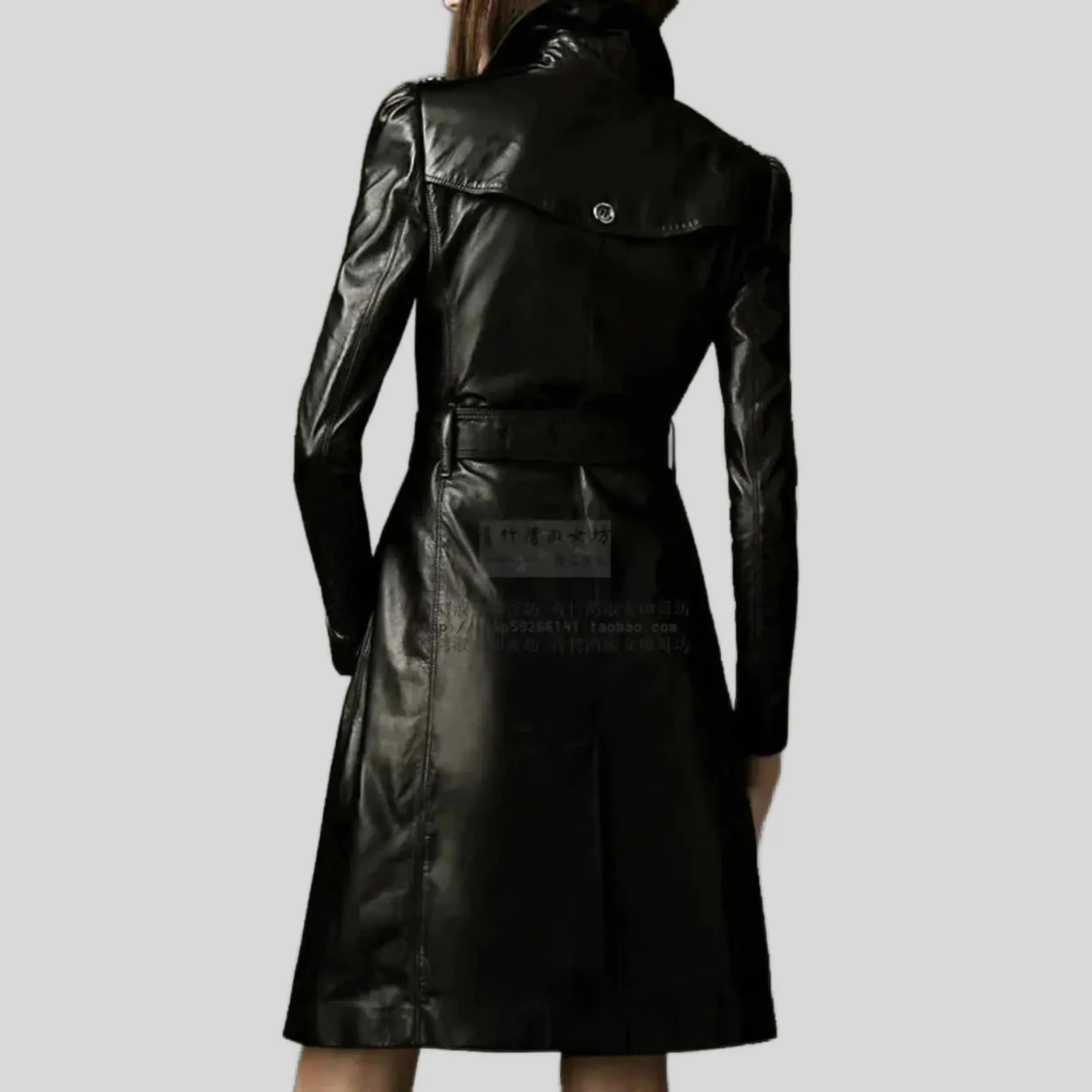 Women Double-Breasted Black Three Quarter Long Genuine Leather Belted Coat