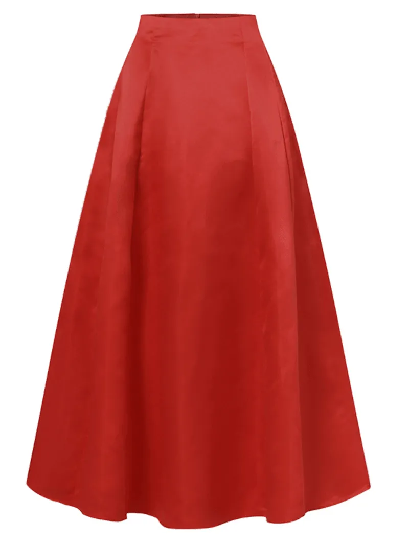 Women's Party Waist-Cinched Solid Pleats A-Line Skirt with Side Pockets and Back Zipper